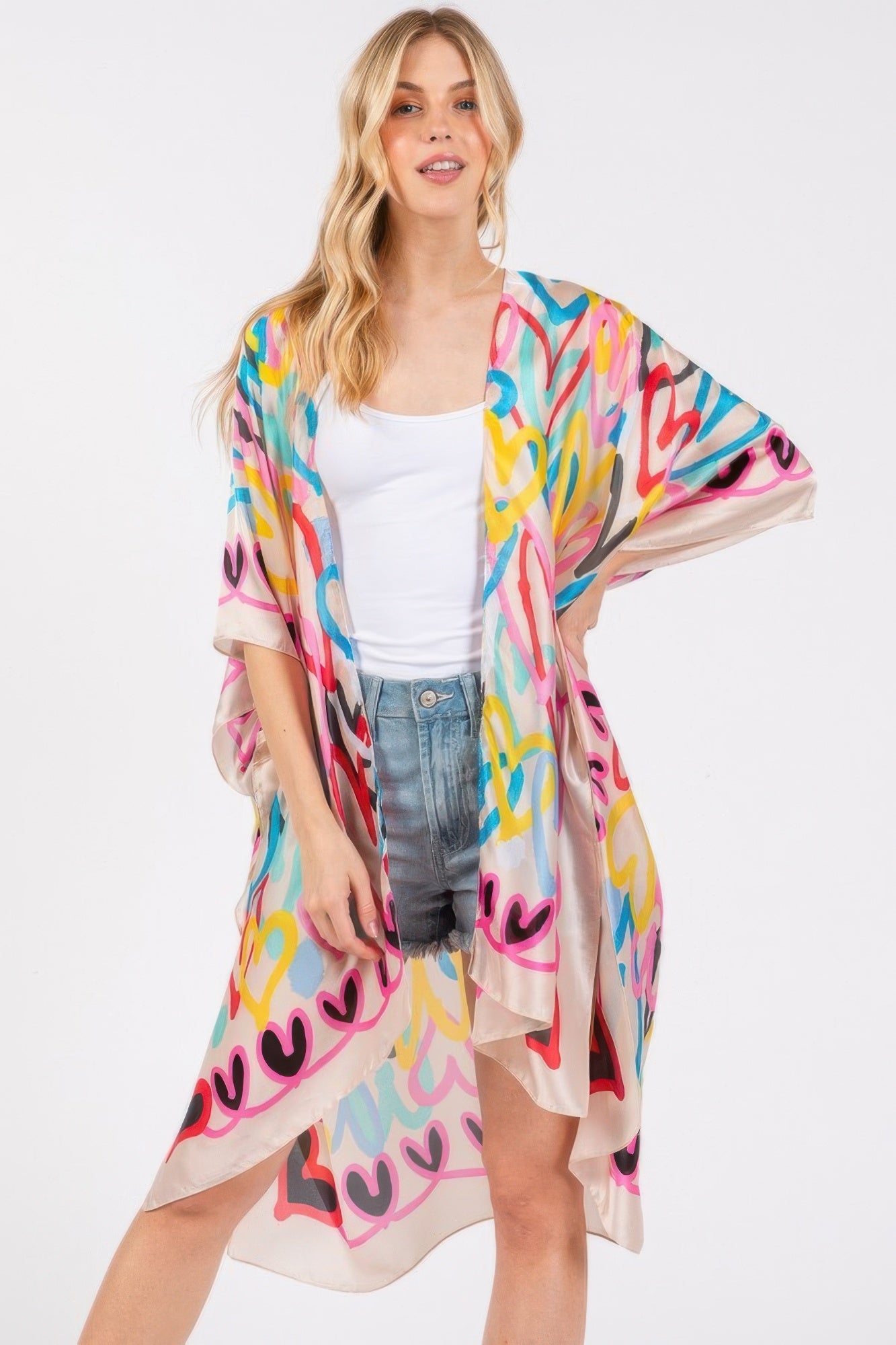 Multi Colored Heart Print Silky Feel Kimono - That Janis Style