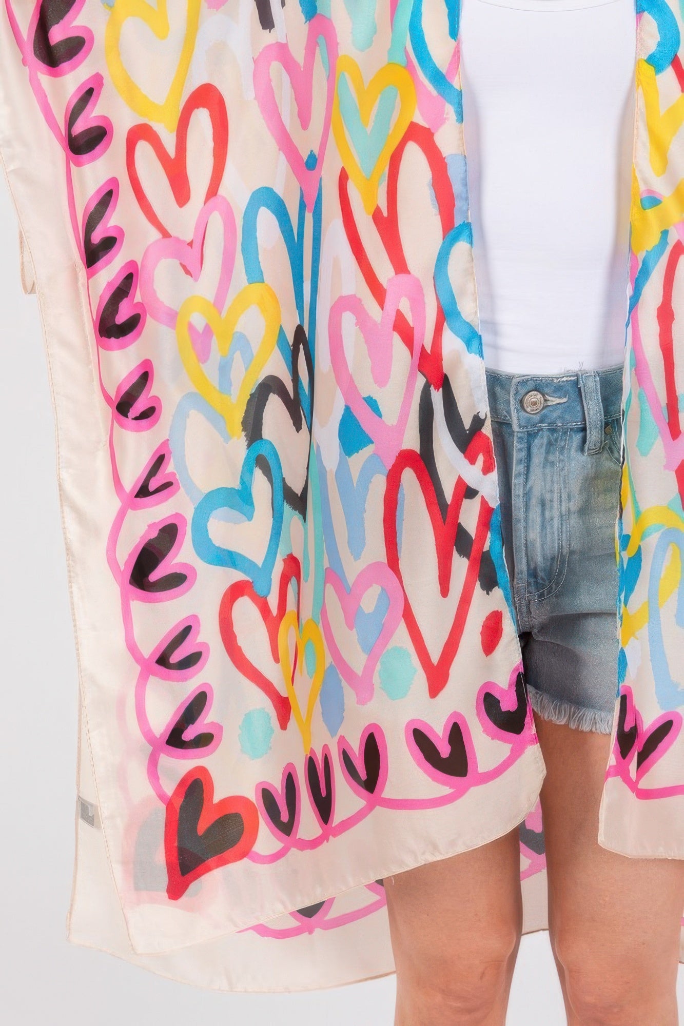 Multi Colored Heart Print Silky Feel Kimono - That Janis Style