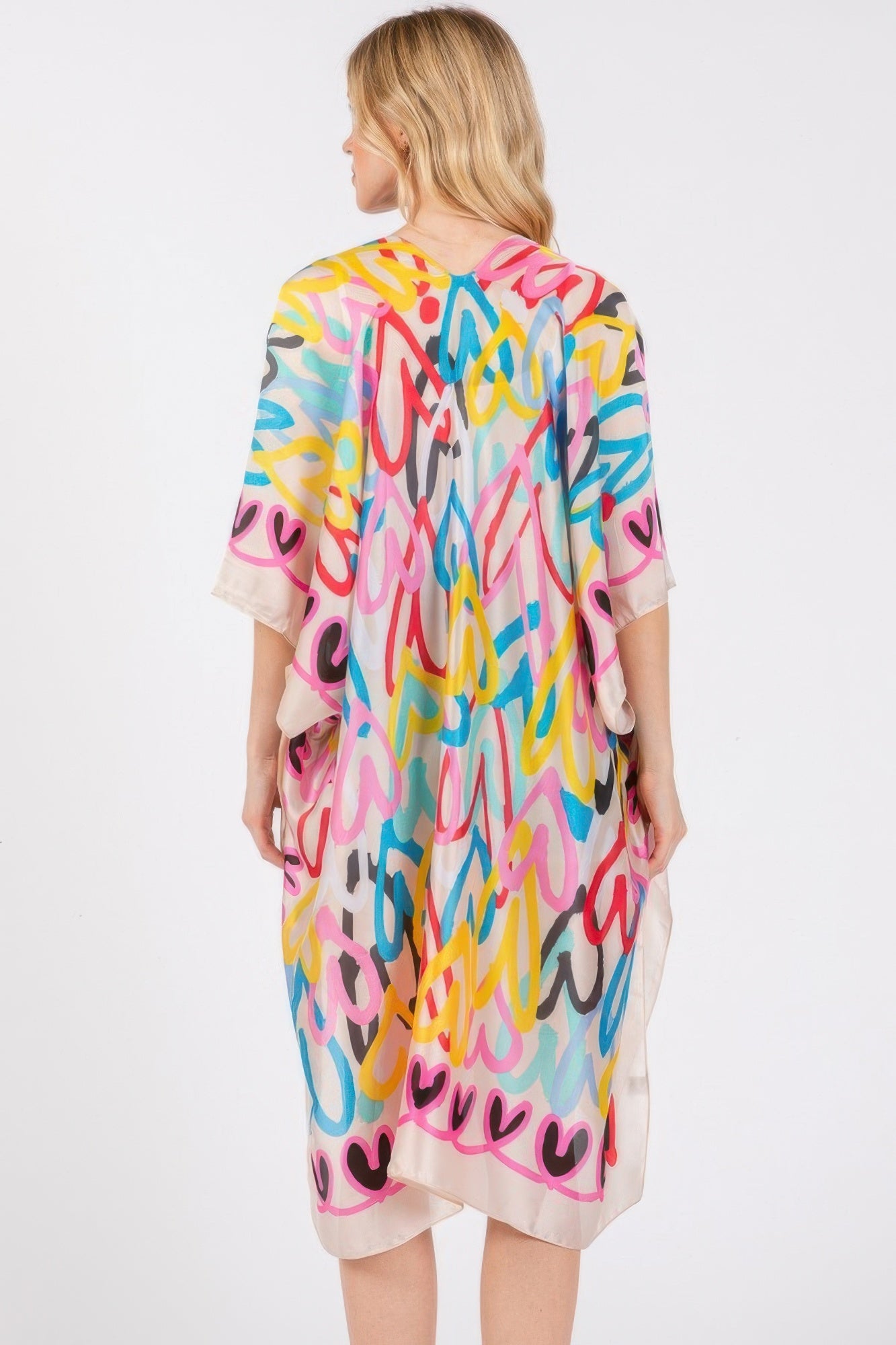 Multi Colored Heart Print Silky Feel Kimono - That Janis Style