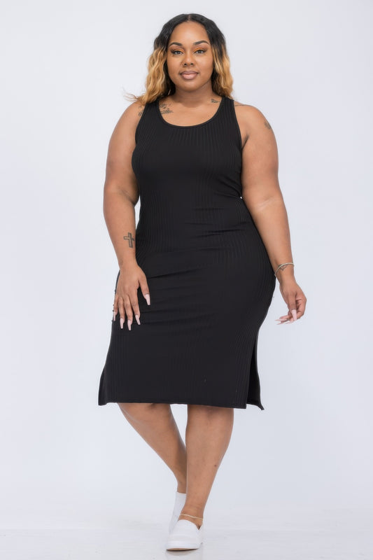Plus Size Ribbed Side Slit Tank Midi Dress - That Janis Style